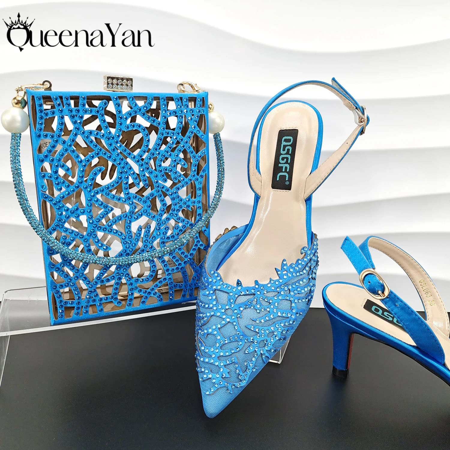 Nigerian Style Elegant Women's Party Shoes Luxury Full of Diamonds Shoes Sky Blue Pointed High Heel Shoe Bag Set