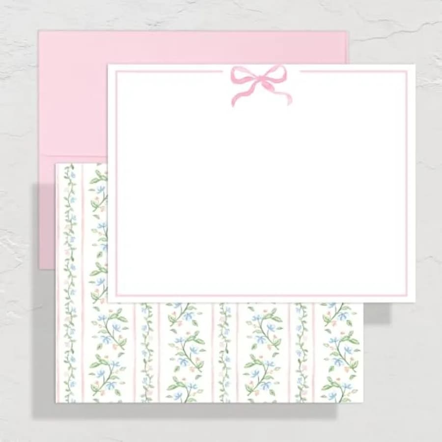 24 Pack Spring Stationery Cards with Envelopes Stickers Bow Greenery Blank Thank You Note Cards Pink Bowknot Print Greeting Car