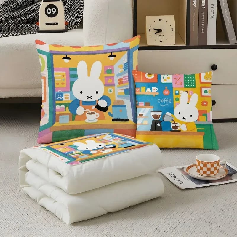 Cute Miffy Rabbit 2 in 1 Pillow Blanket Multifunctional Cushion Car Air Conditioning Quilt Foldable Nap Pillow for Office Home