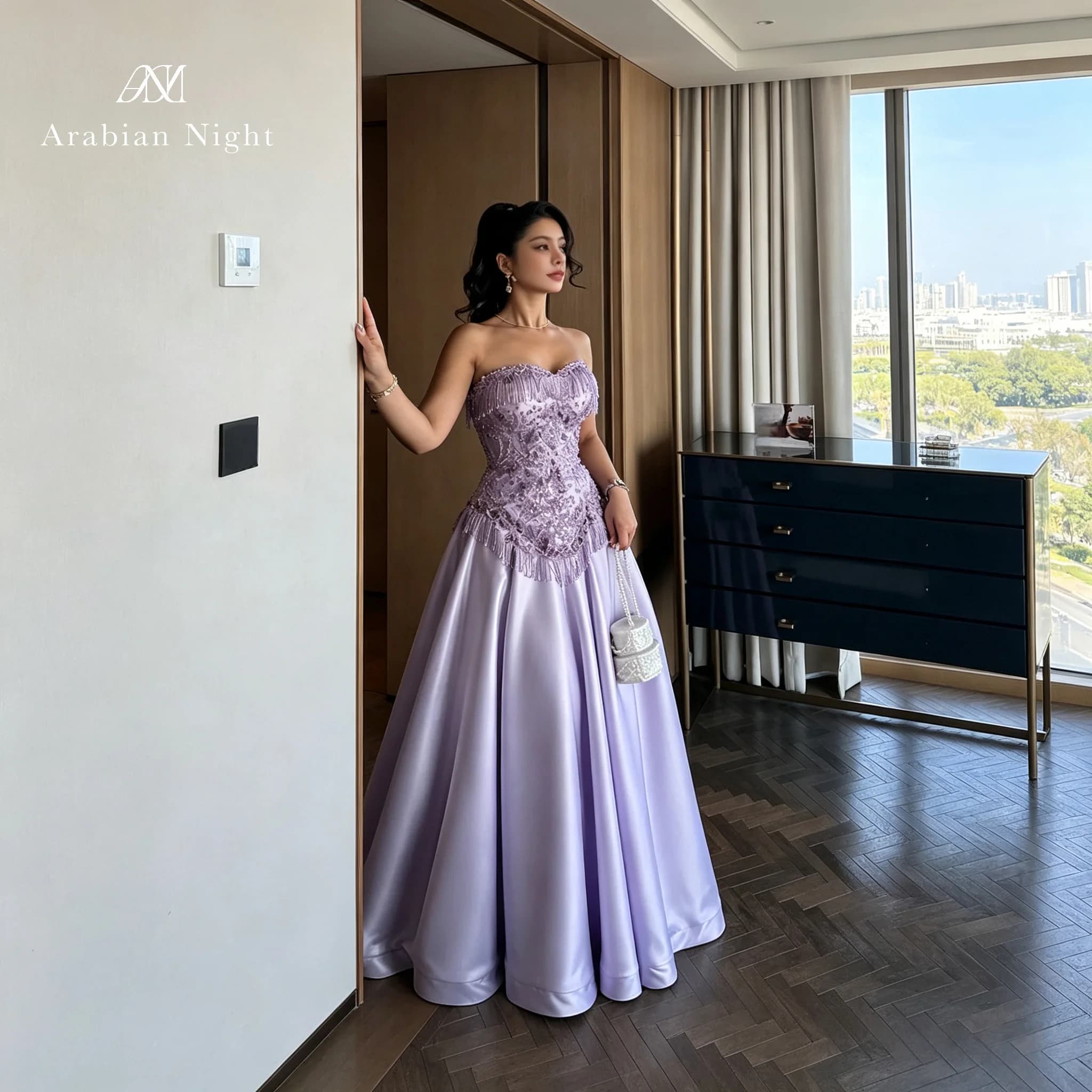 Arabian Night Custom Lavender Strapless Ball Gown Beaded Tassel Corset Satin Formal Evening Dress For Wedding Party