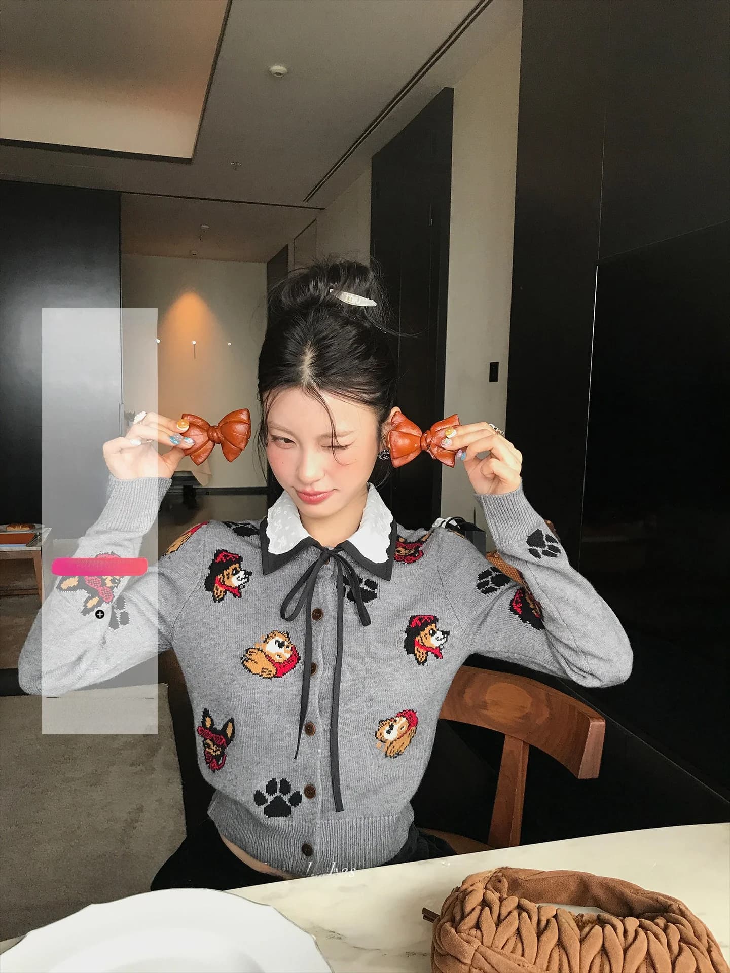 Cardigan Lione in Stile Coreano, Slim Fit, Lavorato a Maglia, con Colletto in Pizzo Staccabile, Motivo Floreale, Casual, Manica Lunga, Maglione da Donna