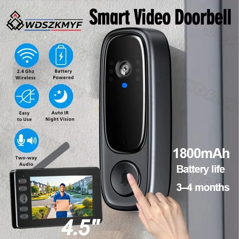 Outdoor Video Doorbell Camera 4.5" Screen 1080P Two-Way Intercom 1800mAh Night Vision Home Security Door Bell for House Office