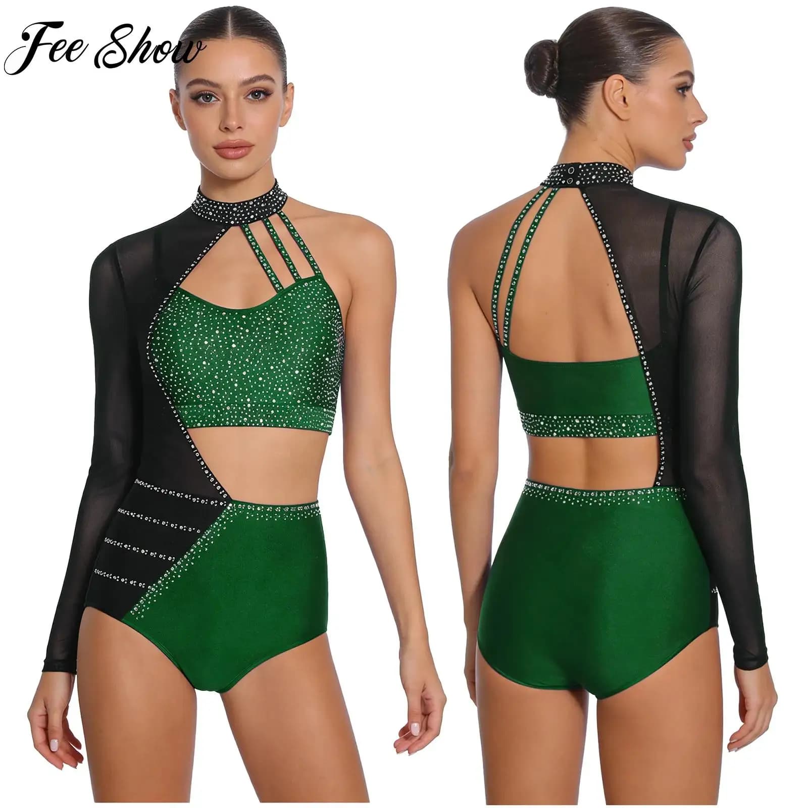 Costume da Ginnastica Artistica per Donne, Body con Strass Asimmetrico Traforato, Abbigliamento per Danza Latina, Tango e Valzer