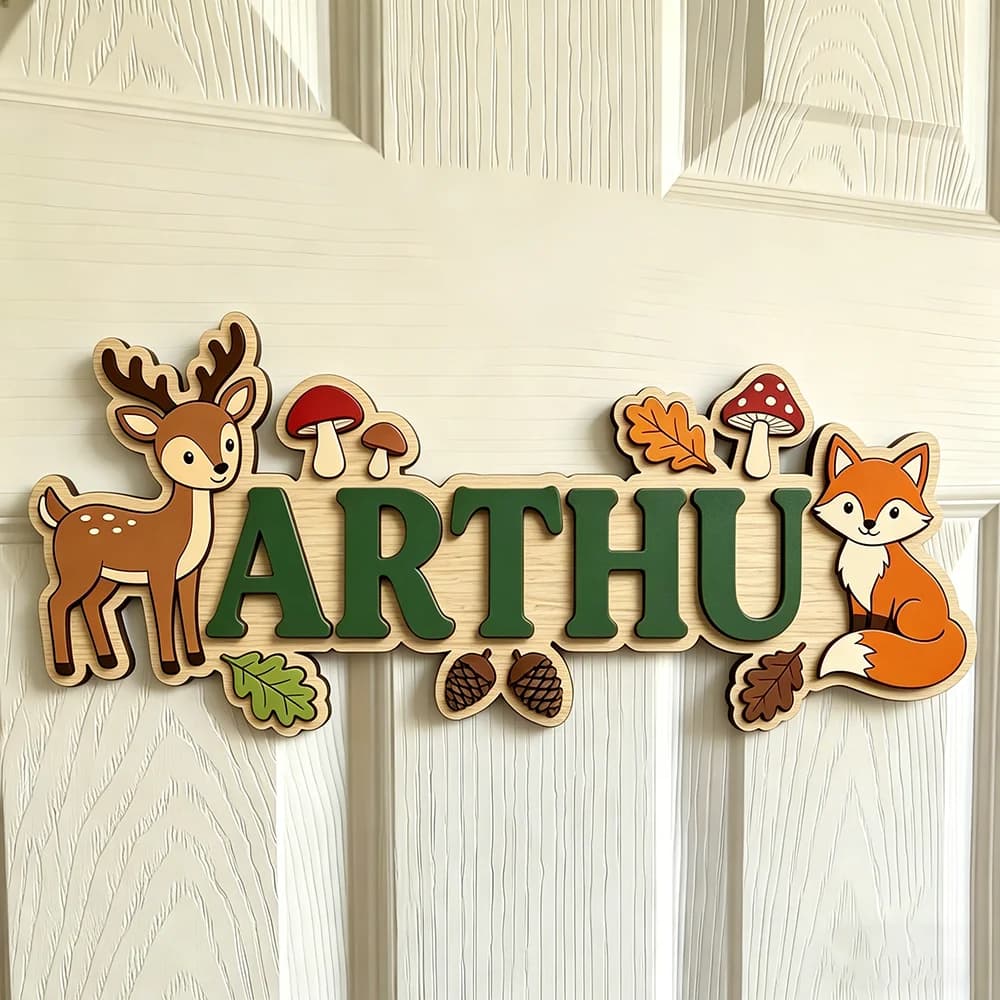 Personalized Deer & Fox Name Sign for The Dearest Baby, Cute Green Themed Woodland Kids Room Decor