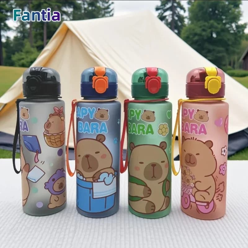 750 ml water bottle with cute cartoon of capibara, leak proof, with plastic straw, portable, for outdoor travel, great capacity, for sports.