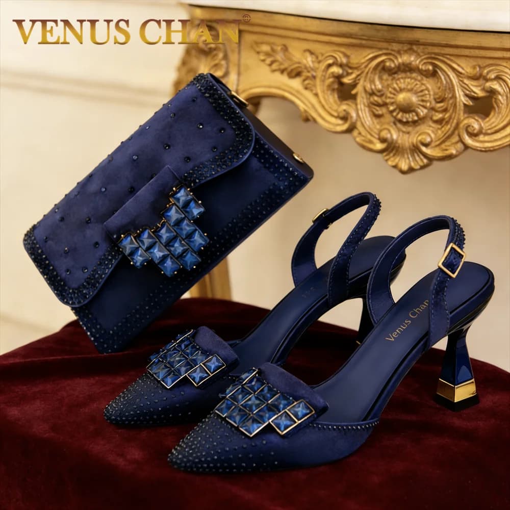 Scarpe con Tacco Alto in Strass Blu Minerale e Borsa Abbinata, Calzature Eleganti a Punta per Donne - Perfette per le Feste