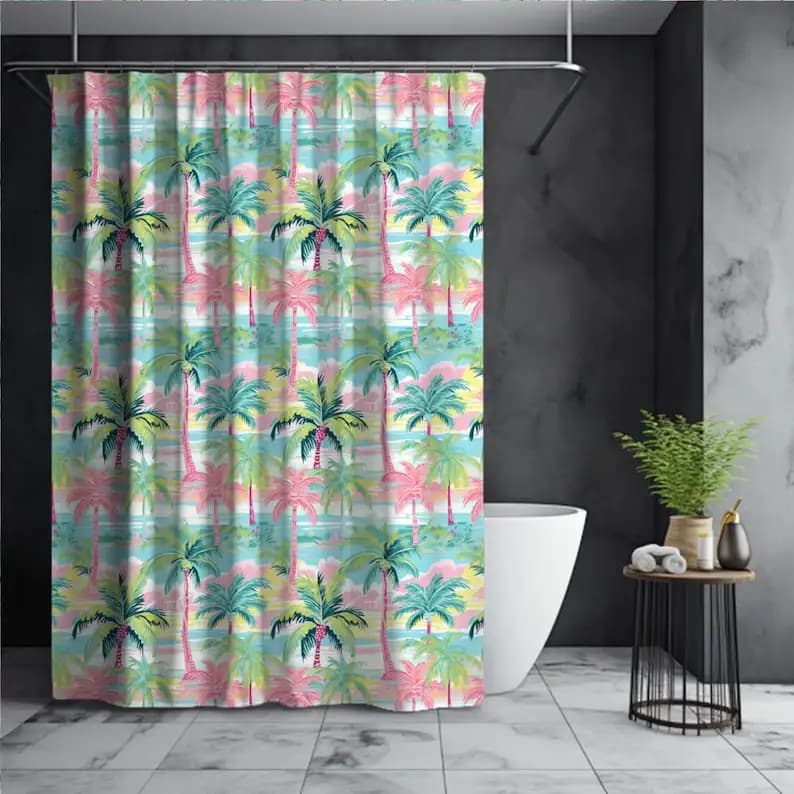 Tenda da doccia preppy con palme e design tropicale costiero, arredamento unico per il bagno sulla spiaggia