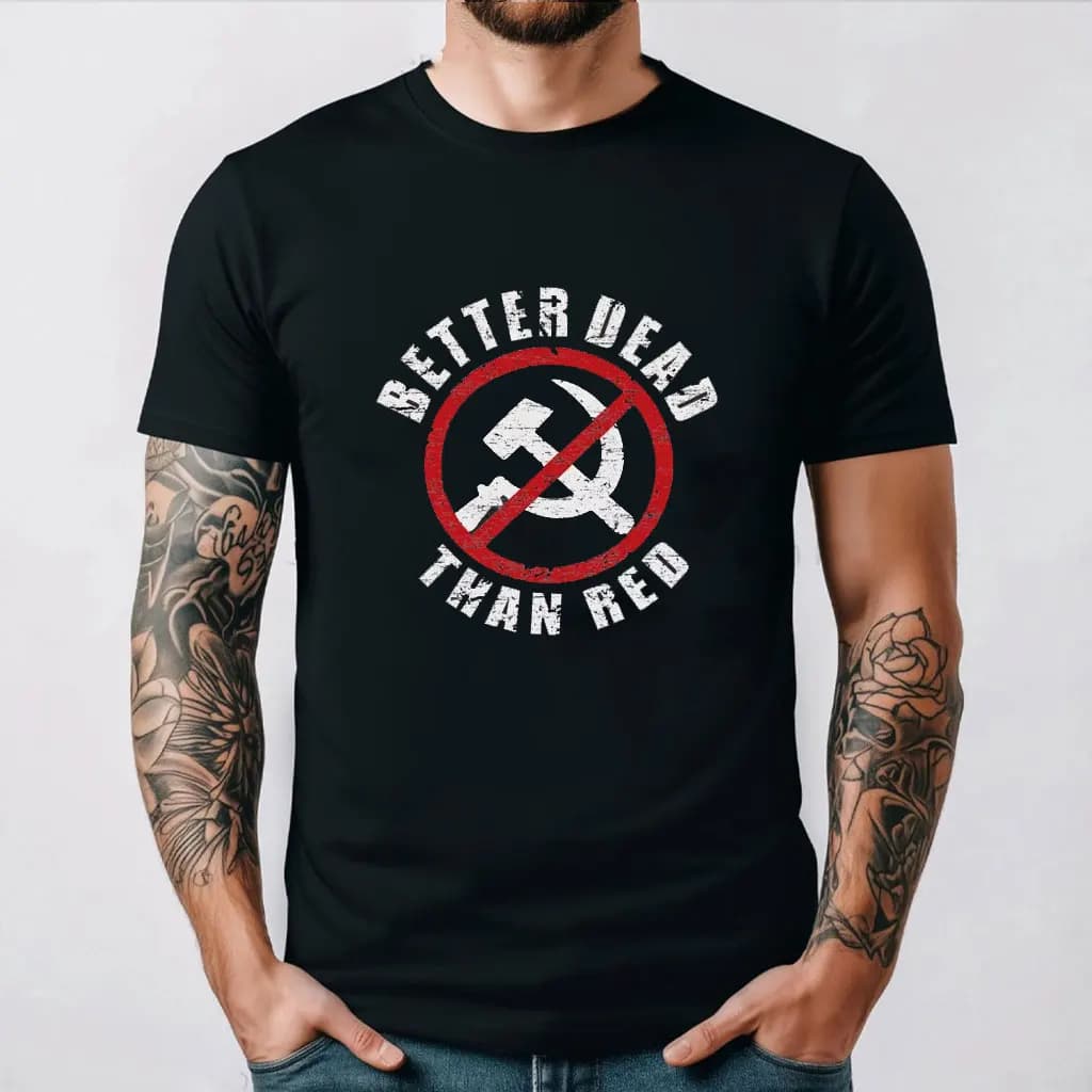 Patriottico Better Dead Than Red Anti Comunista Scherzo divertente Retro Uomo T-shirt nera Magliette grafiche Streetwear Cotone a maniche corte
