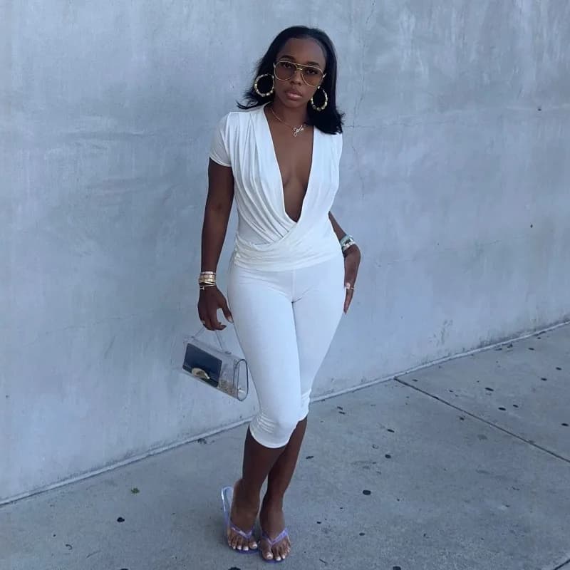 Women Solid Casual 2 Piece Set Wrap Ruched V-neck Short Sleeve T-shirts + Skinny Calf Length Pants Fashion Streetwear Suits
