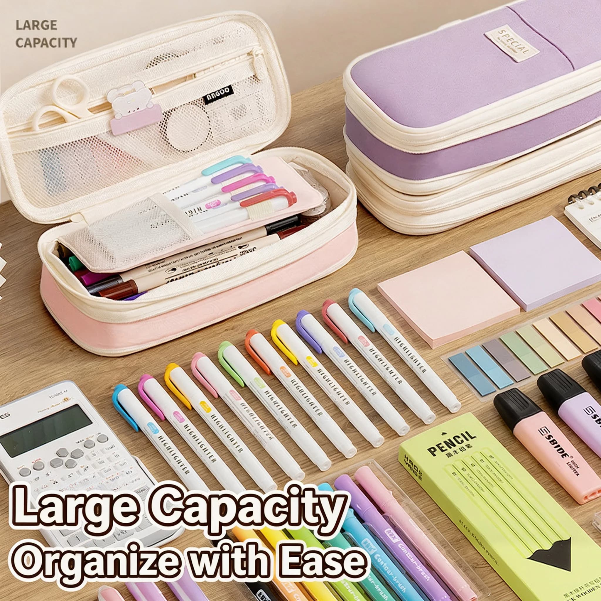 Large Capacity Double Layer Pencil Case Multi‑Compartment Stationery Pen Bag, Macaron Color Pencil Pouch for Students Back to Sc