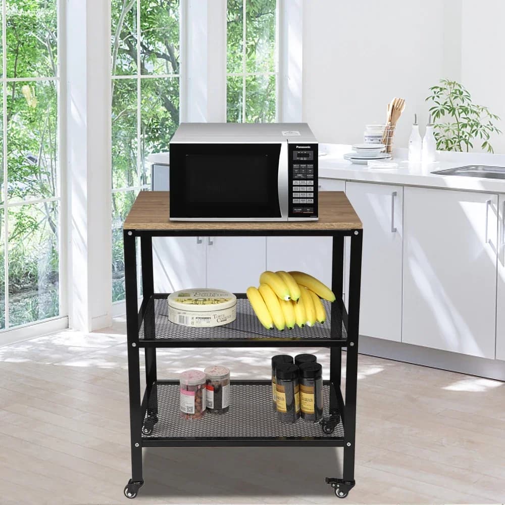 Carrello per microonde da cucina a 3 livelli Carrello portaoggetti per panetti in piedi Carrello portaoggetti per file rotolanti Struttura in metallo per soggiorno