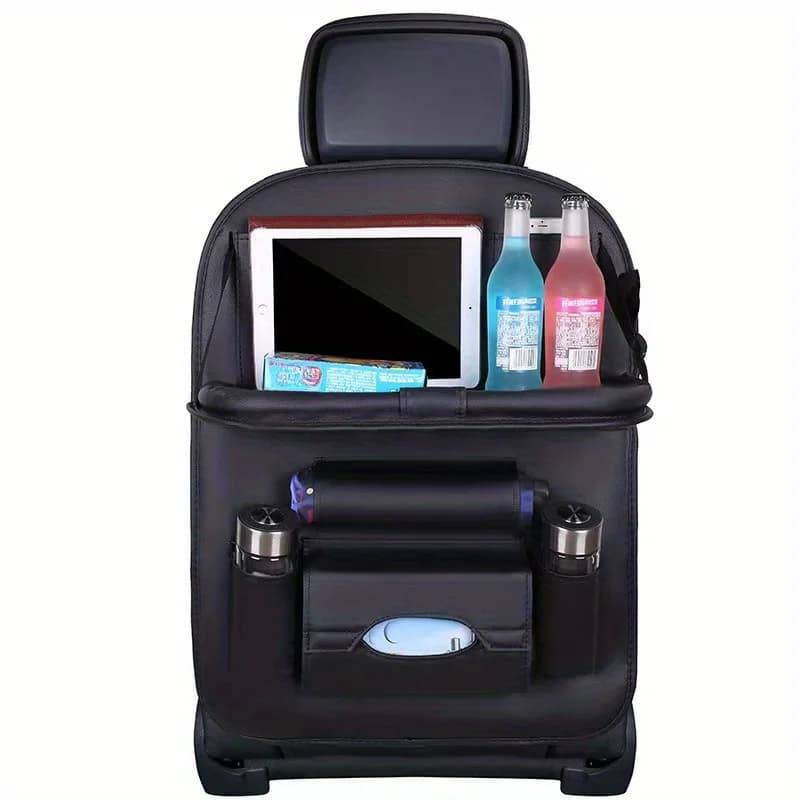 Organizzatore per seggiolino auto in pelle PU Tasche multiple Portabicchieri Ganci Mesh Fit Sedan Truck SUV Massimizza l'archiviazione Elementi essenziali da viaggio