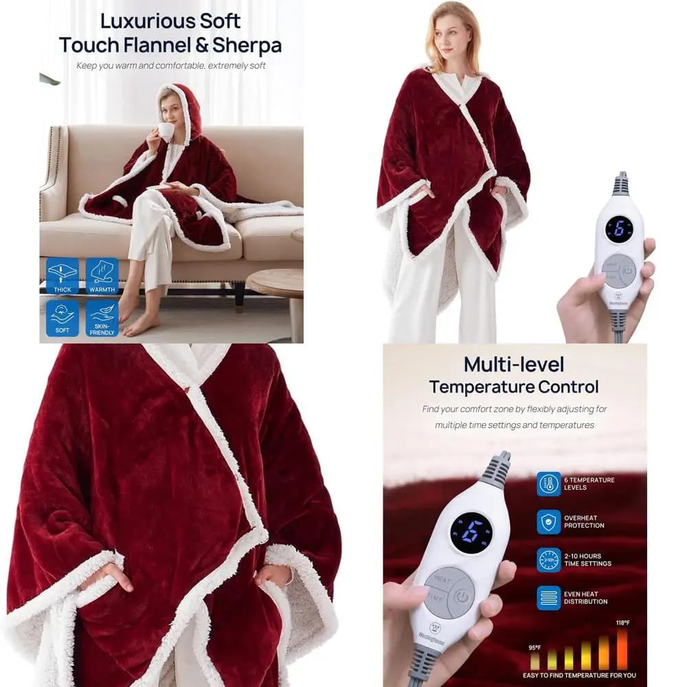 Coperta a scialle rossa riscaldata elettrica con 6 livelli e timer 2-10 ore, 50x60