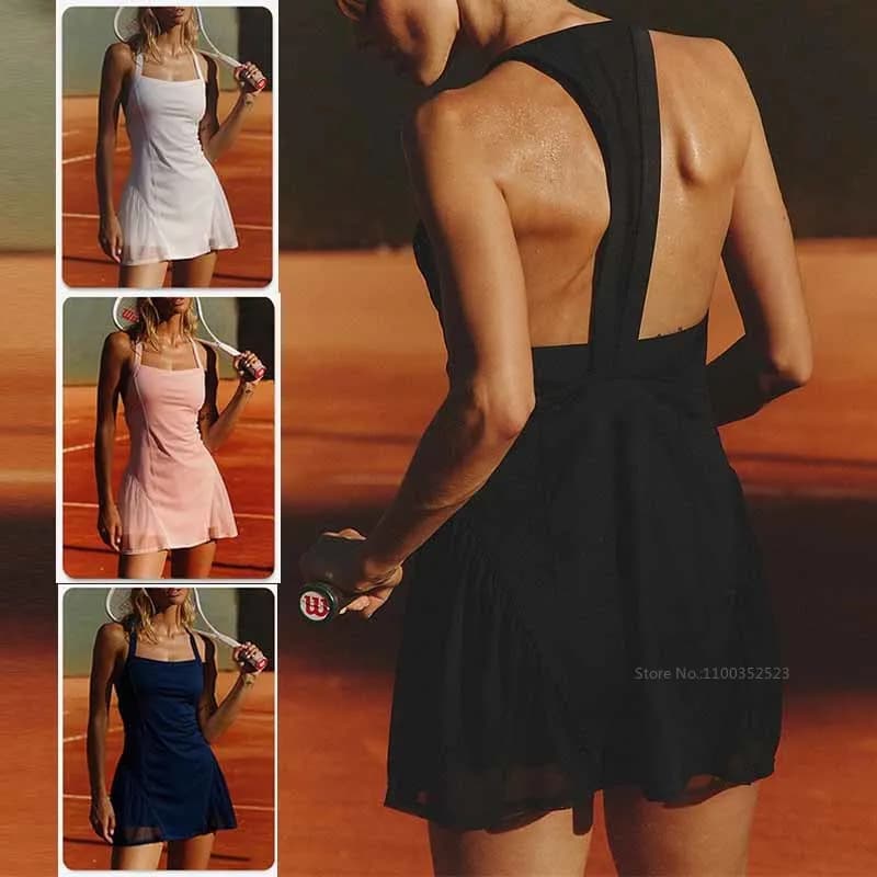 2026 Workout Tennis Dresses Women Breathable Slim Sport Active Dress with Bra and Short Lady Mesh Tulle Outdoor Yoga Golf Skirt