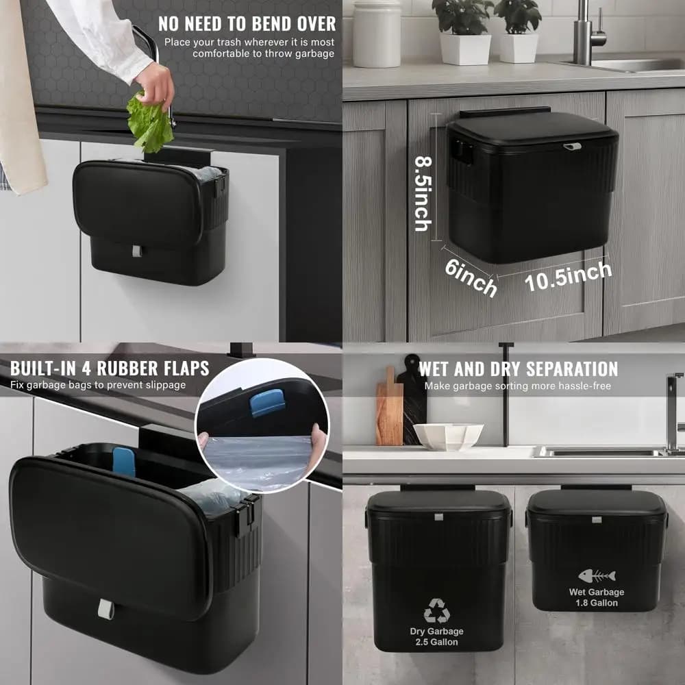 Cestino per compost sospeso da 1,8 galloni con coperchio, pattumiera a parete per cucina, pattumiera da appoggio da 7 litri, nero