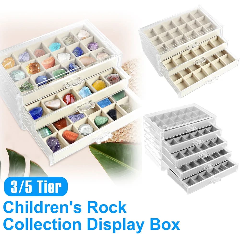 Vetrina per roccia a 3/5 livelli Vetrina trasparente per collezione rock 54/90 griglie Scatola per raccolta rock a grande contenuto Conservazione multi-ruolo