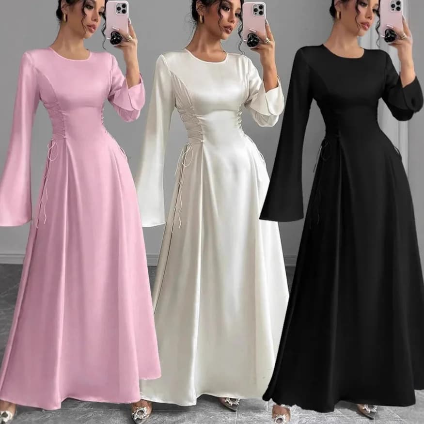 Abito da donna Eid Abiti Abaya Abiti caftano musulmano Abito con lacci Manica svasata Modesto Jalabiya Ramadan Marocco Dubai Caftano