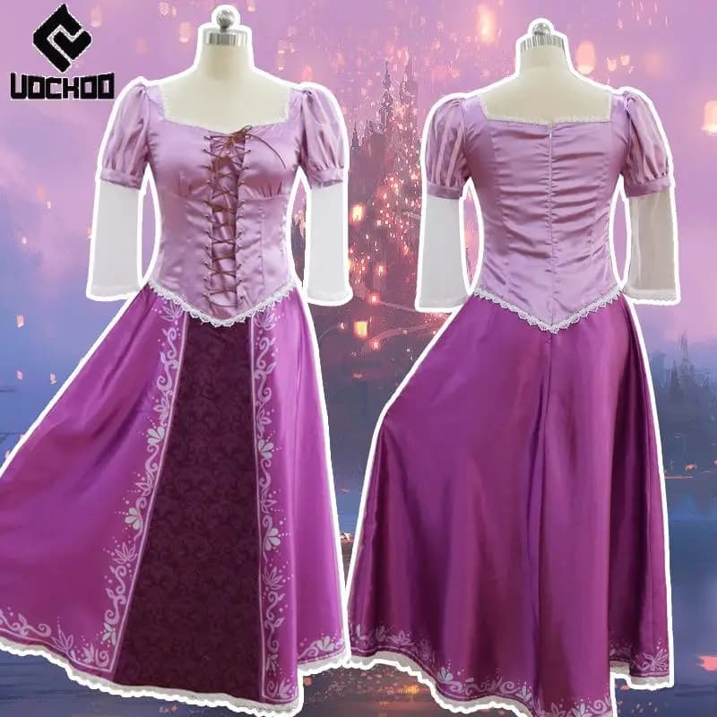 Abito viola chiaro Capelli lunghi Costume cosplay da principessa Costume da spettacolo di fiabe Abito da festa di carnevale Abbigliamento cincher in vita