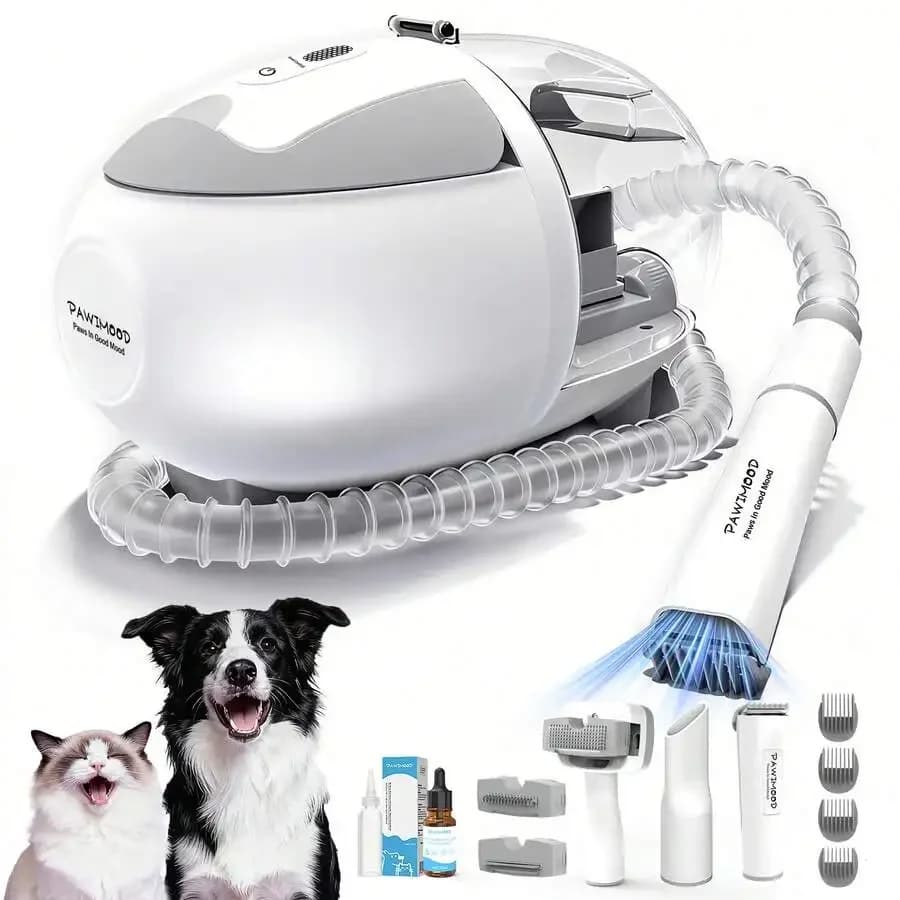 Aspirapolvere per toelettatura animali Pawimood, spazzola a vapore, kit per la toelettatura dei cani, spazzola aspirante per la rimozione del pelo con contenitore polvere da 2L e 13kPa, con 5 strumenti per la toelettatura