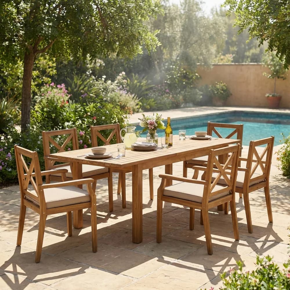 7 Pieces Acacia Wood Outdoor Dining Set with Cream Cushions, Modern 6 Chairs & 1 Large Table, Ideal for Lawn, Backyard, Garden Deck, Poolside - Teak