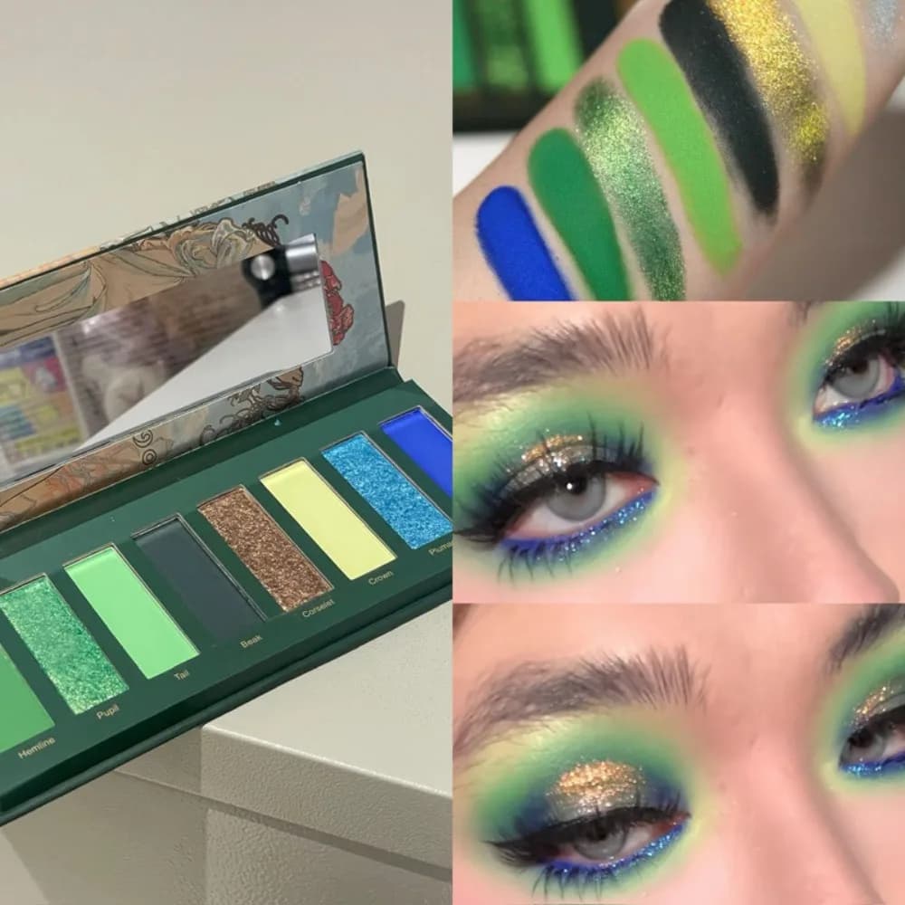 Palettes of 8 Color Smoked Green Shades Plate for Shadows with Perlescent Blue Metallic Diamond Lighting Evidenzia Makeup