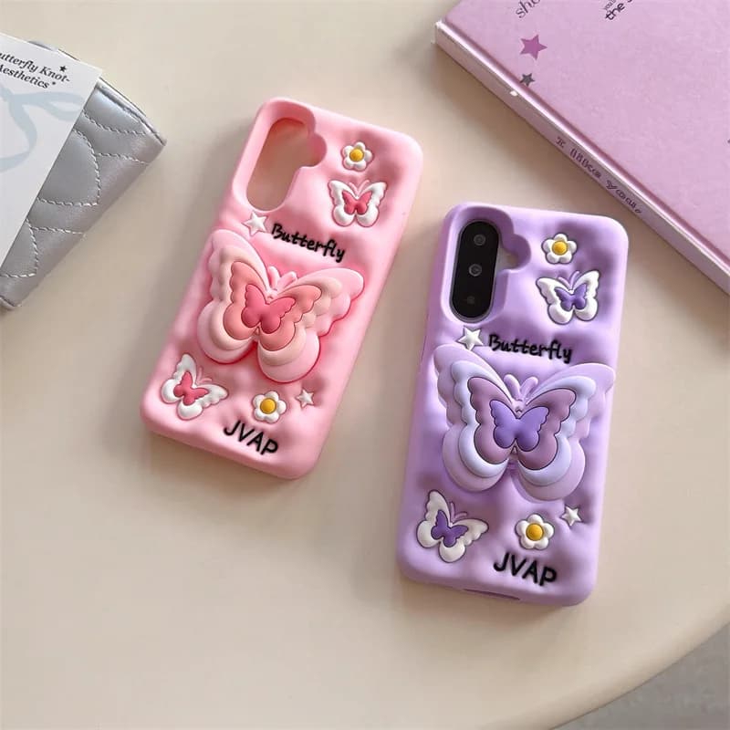 Custodia per telefono 3D a forma di farfalla con supporto telescopico per Samsung Galaxy S22 23 24 25 Ultra Plus A56, in morbido silicone antiurto