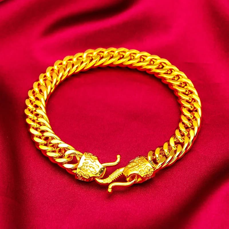 Bracciale piatto Lucky Head in oro 24 carati 10 12 14 mm Uomo AU999 - 24K forgiato/AU999, collegamento liscio, 10-14 mm per diverse esigenze