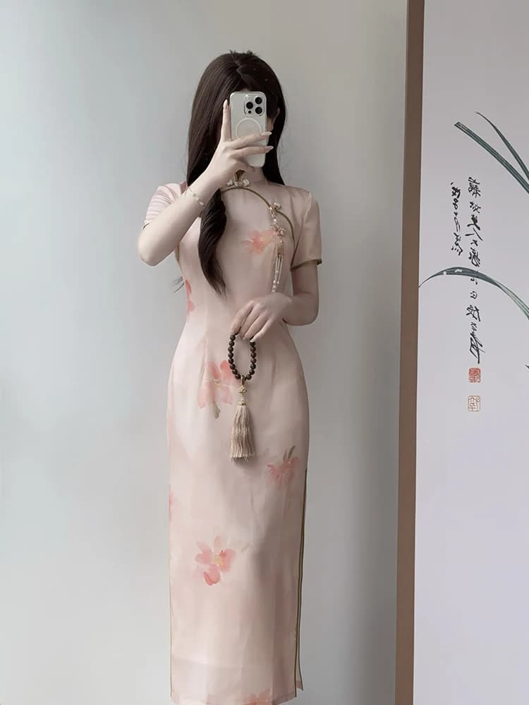 Pink Lady Style Short Sleeve Qipao Young Revised Large Flower Elegant Gentle Girl Spring 2026 New Arrival Vintage Long Dress