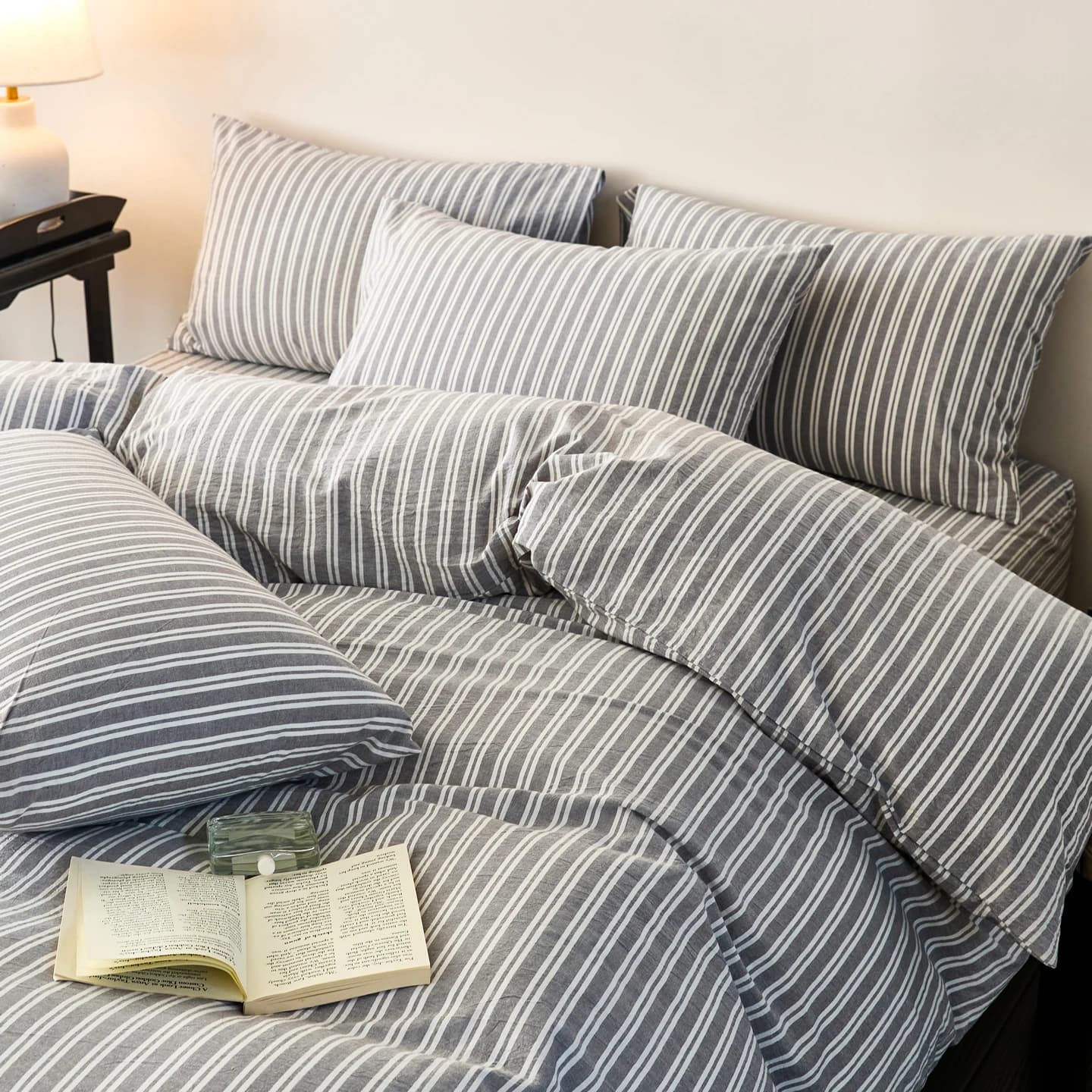 100% Washed Cotton Duvet Cover Set, Grey White Striped Yarn-Dyed Bedding Set with 1 Duvet Cover 2 Pillow cases, Soft Breathable
