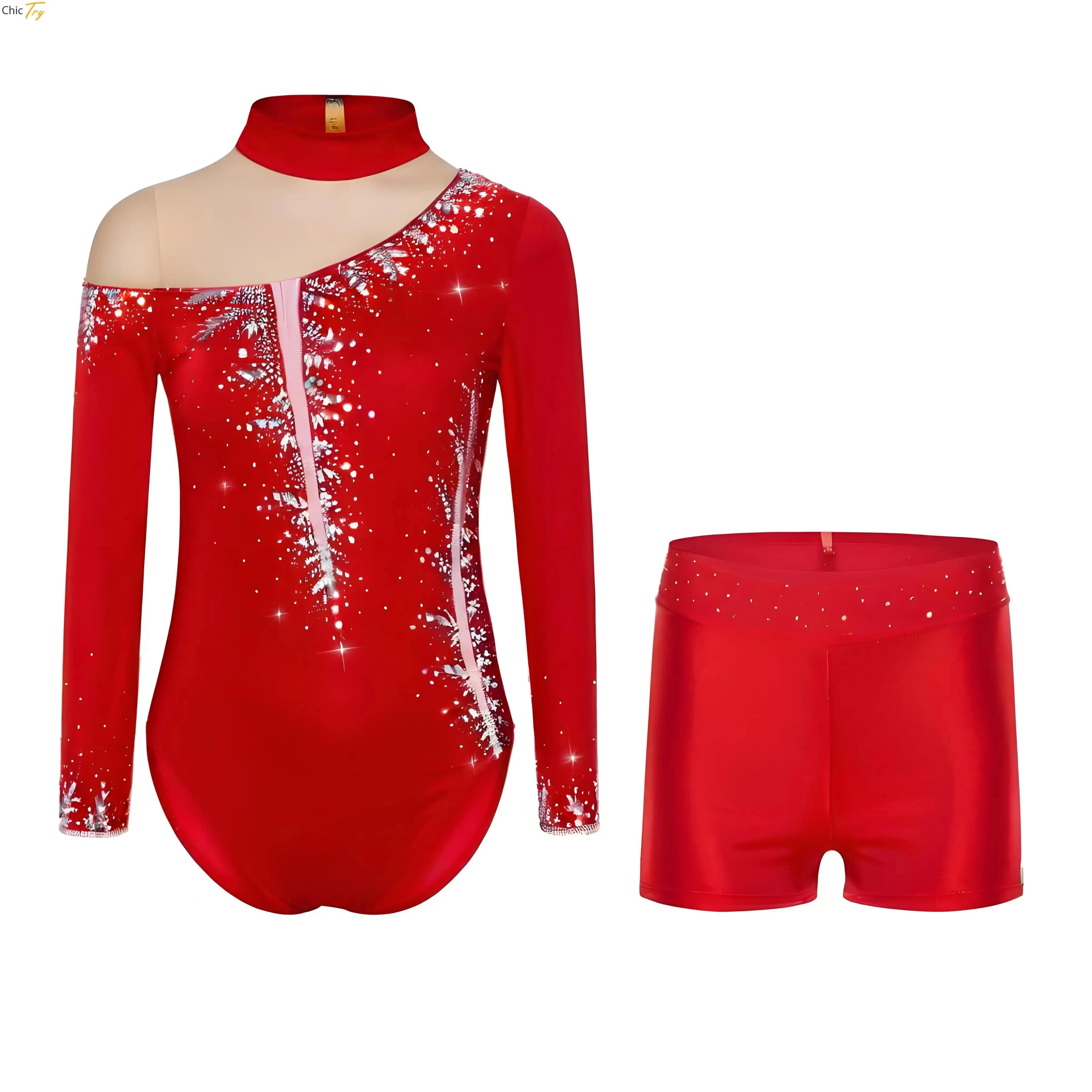 Tuta da ballo latino Ginnastica Pattinaggio di figura Performance Dancewear Strass scintillanti Body Buco della serratura Body patchwork trasparente