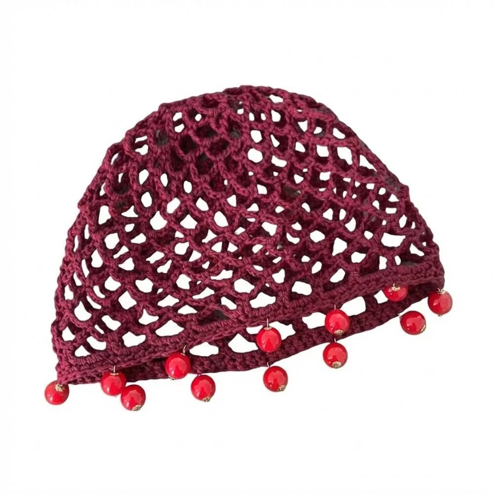 Breathable Hollowed Out Knitted Hat Pearl Fringed Round Beads Beret Cap Handmade Beanies Cap Travel