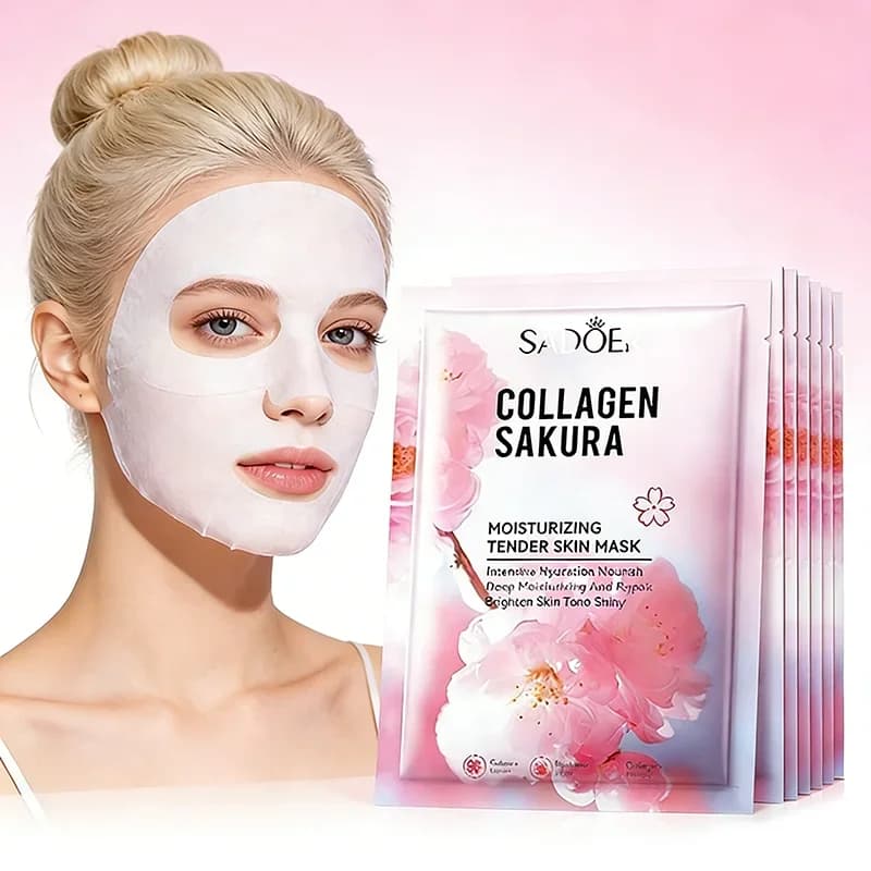 Maschera Viso Sadoer Sakura, Cura della Pelle, Idratante, Illuminante, Rassodante, Maschera al Collagene, Maschera in Foglio per il Viso
