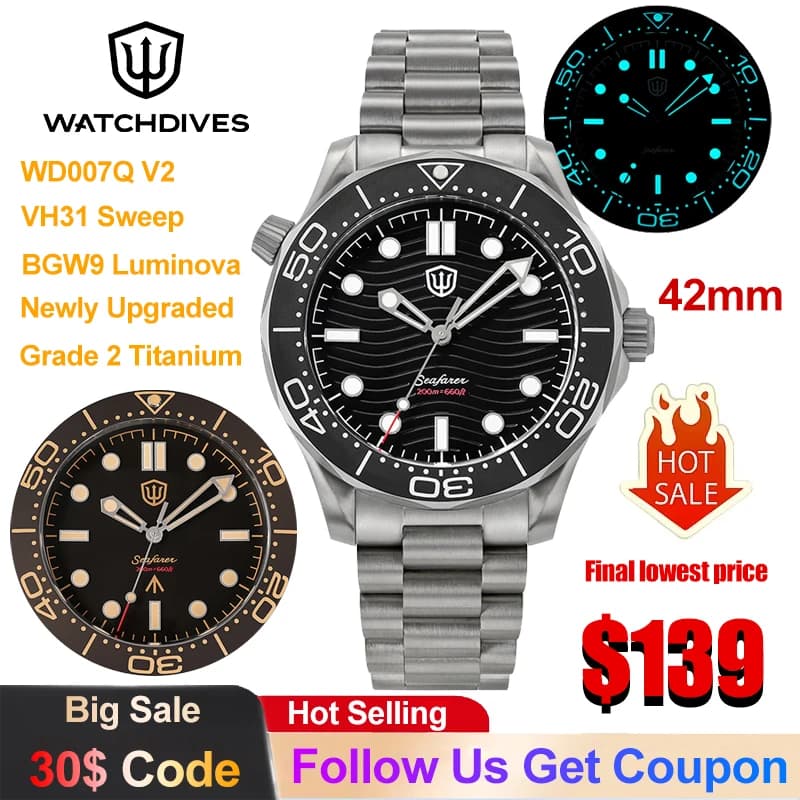 Watchdives WD007Q V2 NTTD Orologio al quarzo VH31 con movimento a scatto, in titanio di grado 2, da uomo, con zaffiro, impermeabile fino a 200 m, luminoso