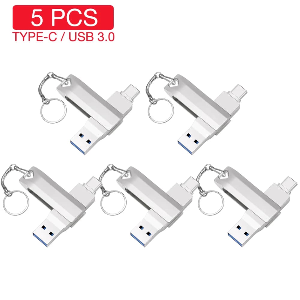 5PCS Lote TYPE-C USB3.0 USB-C Portachiavi USB 3.0 Flash Drive 256GB OTG Pen Drive in metallo 128GB USB Stick 64G Regalo creativo Pendrive