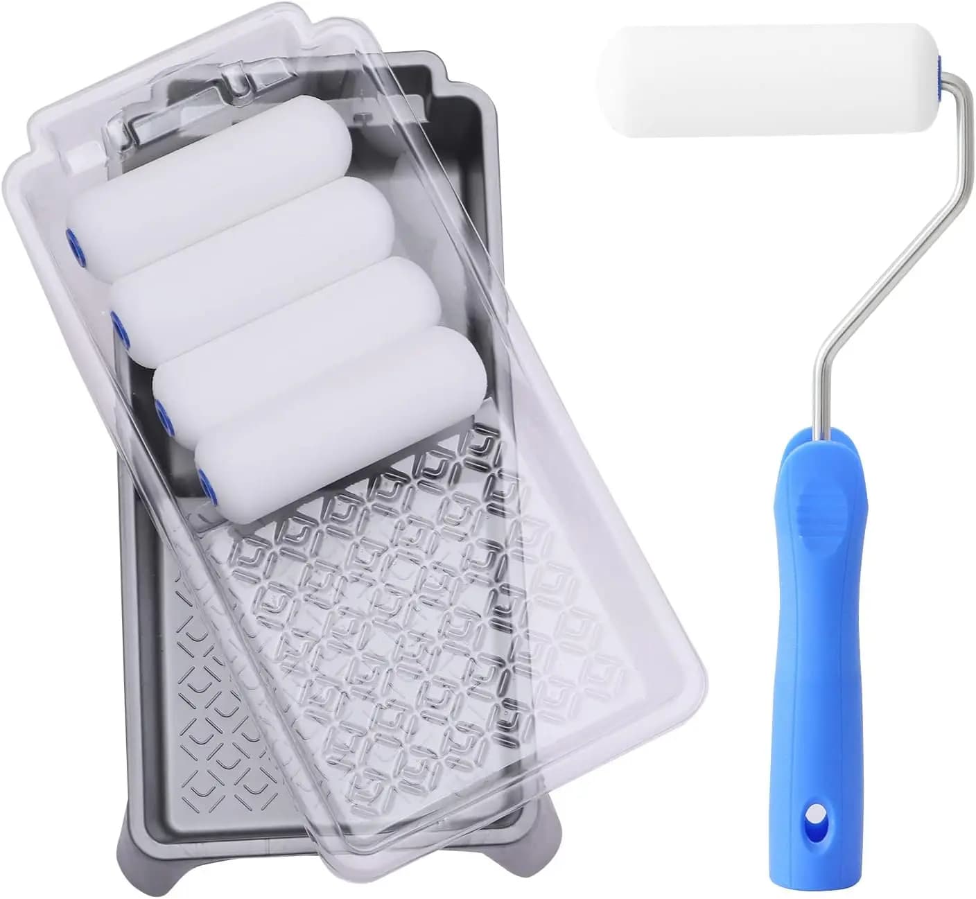 Set of 8 Wheels in Foam from 4 Inchs with Tray and Coating, Ideal for Uniform Painting on Flat Surfaces