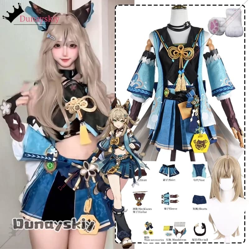 Costume Cosplay Kirara Genshin Impact, Completo con Orecchie e Coda di Kirara, per Halloween, Carnevale, Feste a Tema, Travestimento Donna