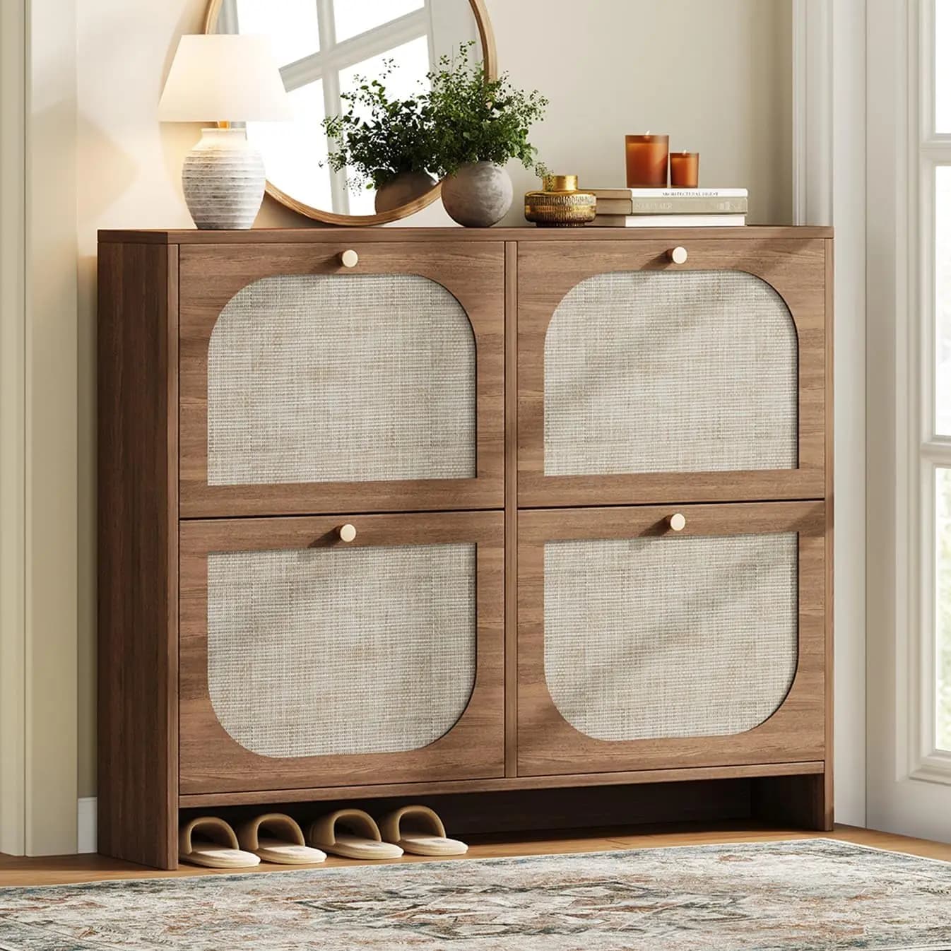 Freestanding Wood Shoe Cabinet Organizer, Vintage Entryway Footwear Storage Cabinet With Four Rattan Flip Drawers Three Tier Adjustable Shelves, Slim Space Saving Hidden Shoe Rack, Boho Oak Single Piece