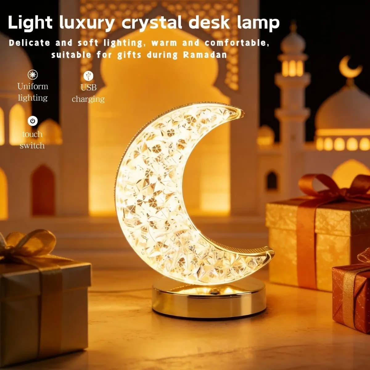 Luce notturna in cristallo a forma di luna, lampada da comodino ricaricabile tramite USB, luce notturna elegante e rilassante per la decorazione domestica