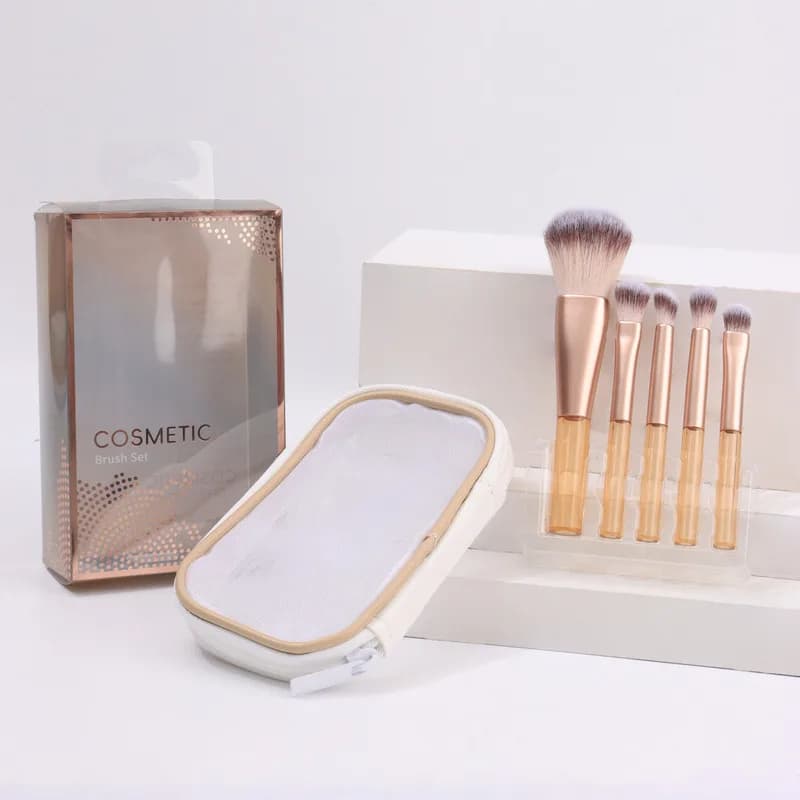 Un nuovo set portatile di 5 mini pennelli per trucco a setole morbide a manico corto da Cangzhou, abbinati a una borsa a rete