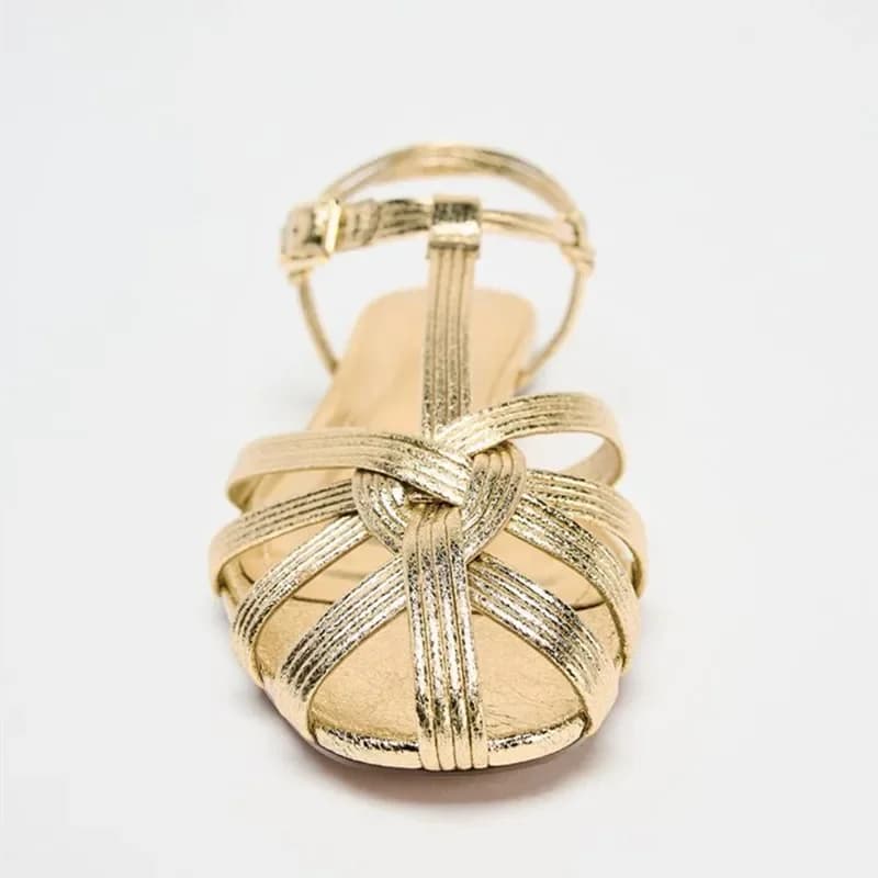 Sexy Golden Flat Sandals Women's Fashion Sandals Strapless Belt Sandals Stylish beach shoe with ankle buckle Women's comfortable shoes