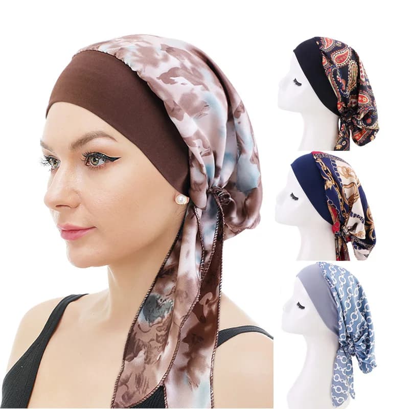 Nuove donne Pre-ravatta Stampato Turbante Cappello Musulmano Interno Hijab Berretti elasticizzati Donna Bandana Cura dei capelli Chemio Cap Copricapo Turbante