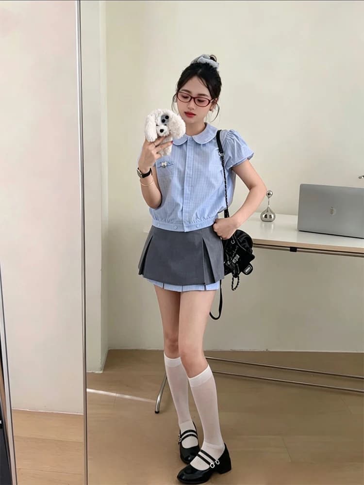 Slimming College Style Two-Piece Set Women's Summer 2026 New Doll Collar Bubble Sleeve Shirt Half-length Skirt Fashion Set