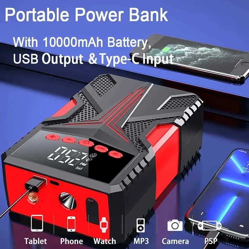 Avviatore di emergenza per auto e gonfiatore di pneumatici 2 in 1, batteria per carichi pesanti con Power Bank per veicoli a benzina/diesel da 12 V