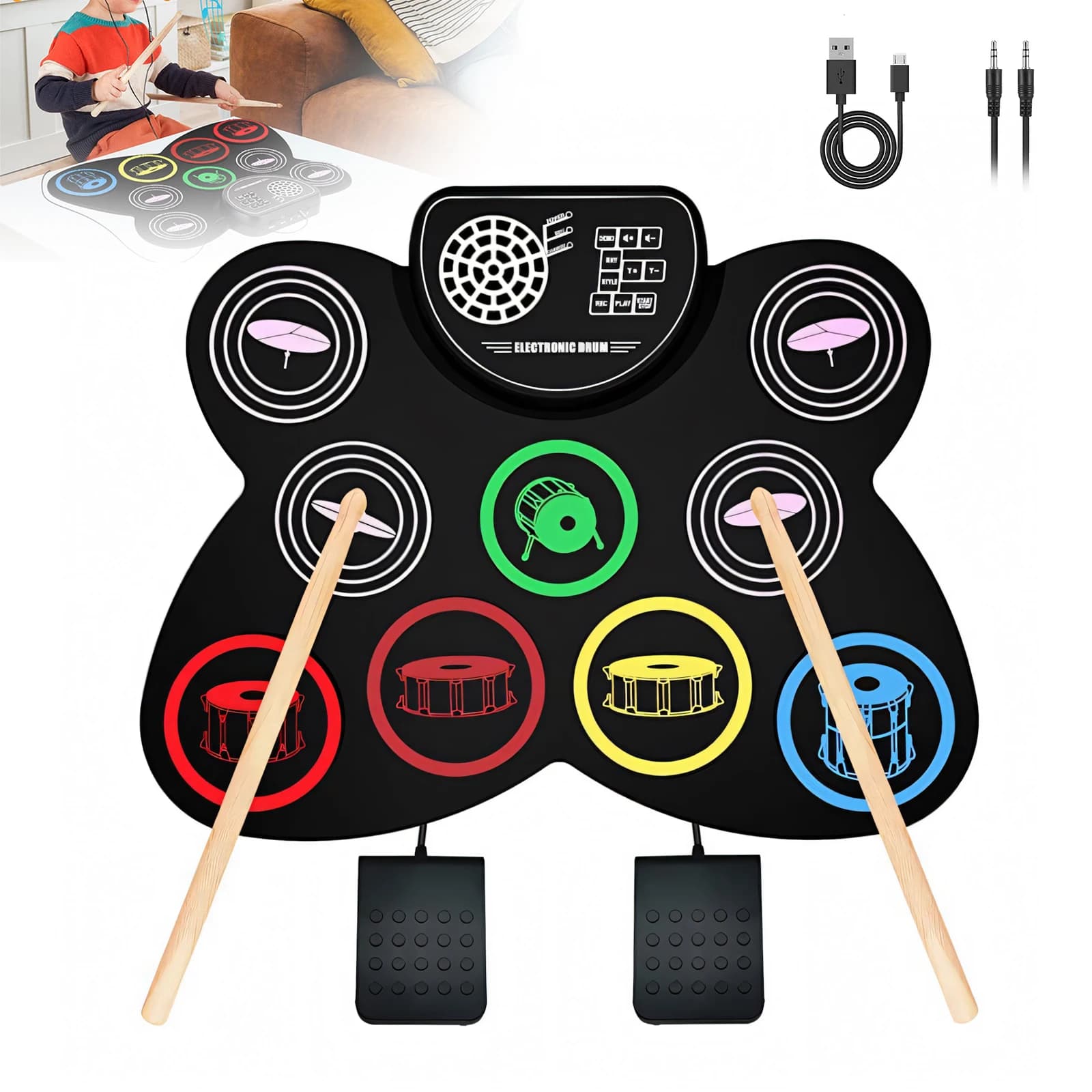 9 Pads Rechargeable Electronic Roll-up Silicone Drum with Built-in Stereo Speaker,Headphone Jack,10 Hours Playtime,Electric Drum