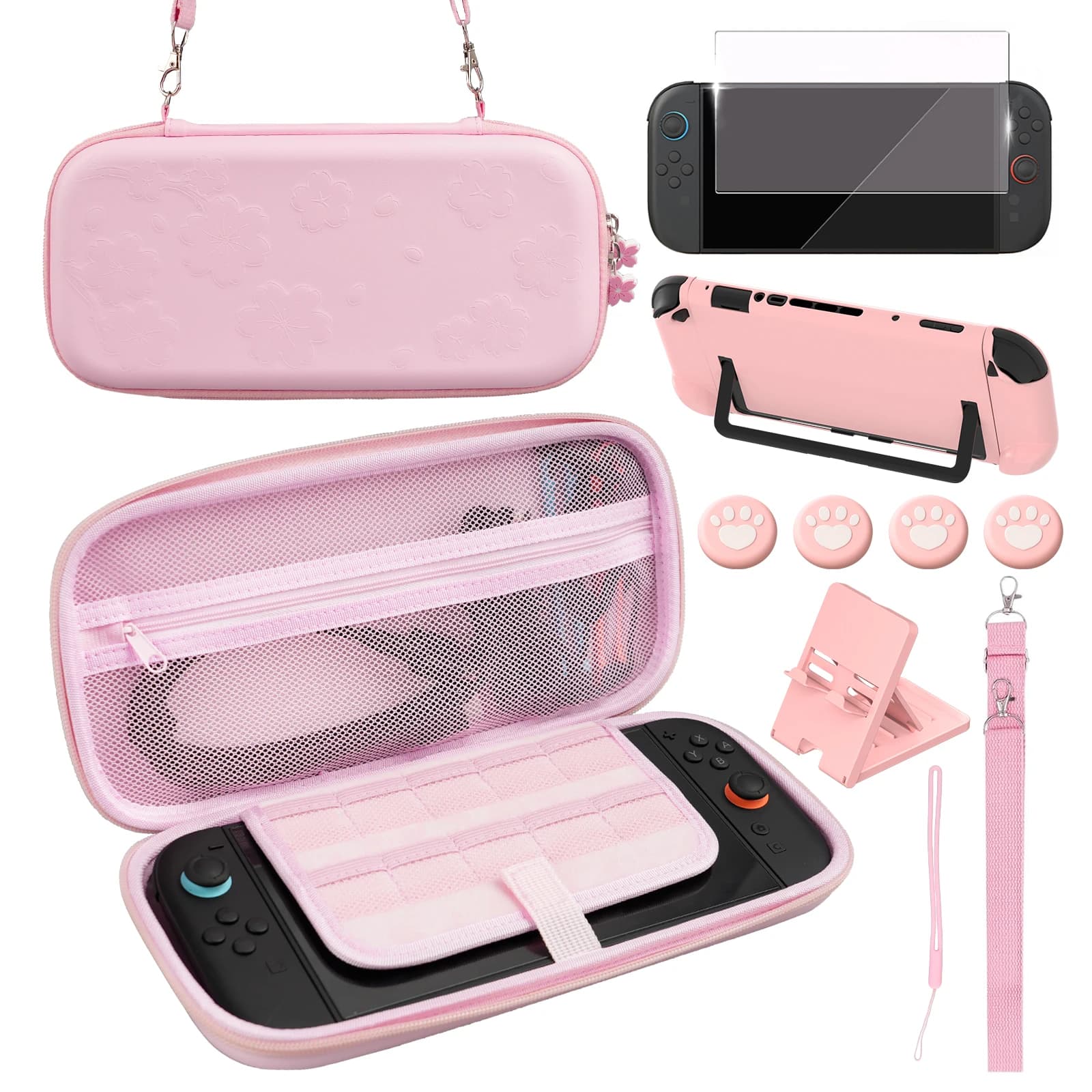 Custodia da viaggio rosa Sakura Poch per Nintendo Switch 2 con tracolla, supporto, kit protezione schermo in vetro temperato e tappi