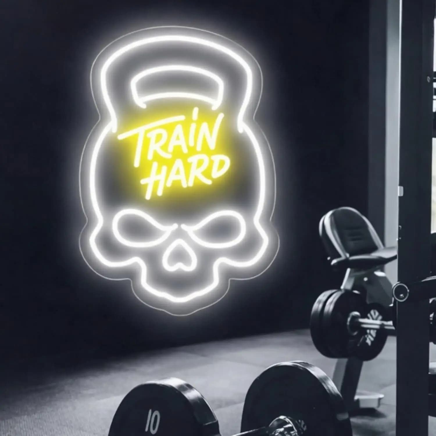Train Hard Kettlebell Neon Sign USB Dimmable LED Neon Lights for Home Gym Fitness Studio Workout Room Wall Decor Storefront Sign