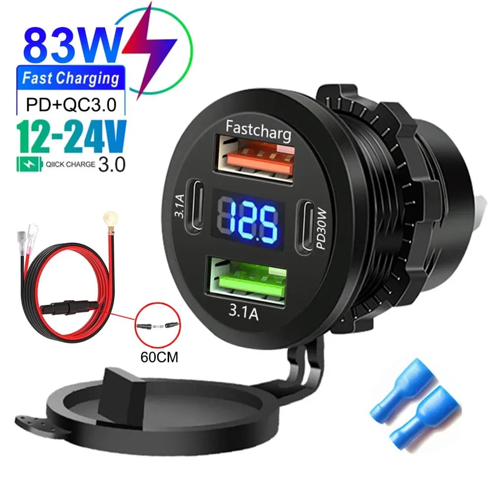 Car Charger PD 30W QC3.0 Waterproof USB C Doors with 83W Quick Charging 12V/24V for Motor Motorhome Boat