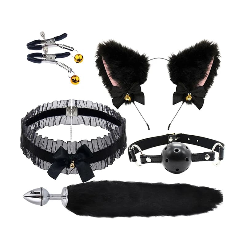 Simpatico plug anale a forma di coda con fiocco, giocattoli sessuali per donna e uomo, morbidi orecchie da gatto, fasce per capelli, collare, accessori cosplay per coppie.