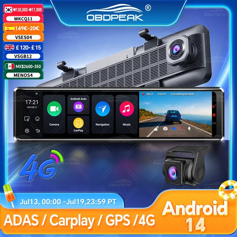 D90 Retrovisor mirror with Android 14, DVR Auto 4G, GPS navigation, ADAS, 1080P, 4G+64G, Carplay, Android Auto, Dashcam, Double Lenten Video Recorder