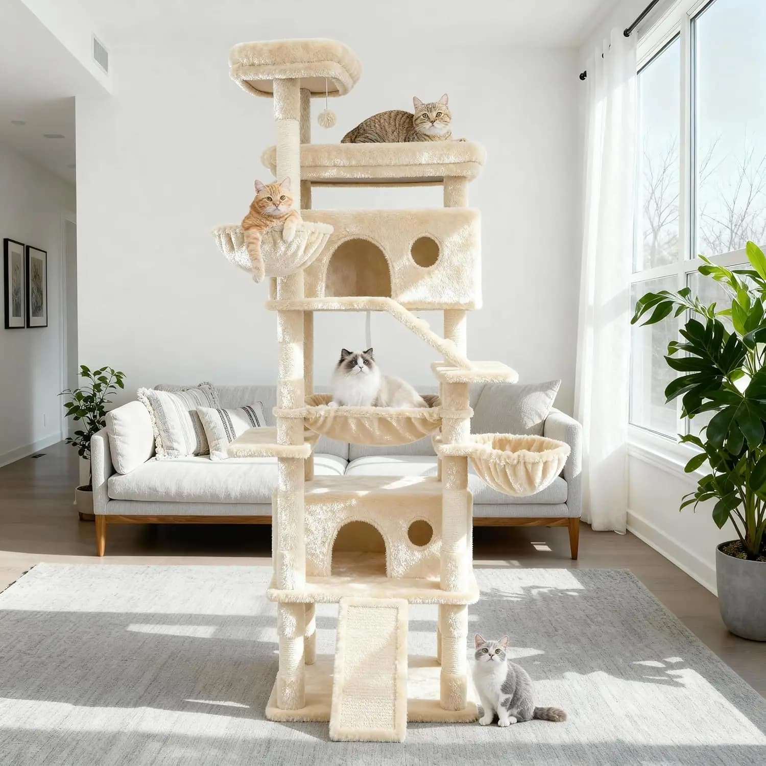 Albero per Gatti Grande da 80 Pollici con 9 Tiragraffi, 2 Posti Relax, Grotte, Cesto, Scale, Amaca per Gatti da Interno